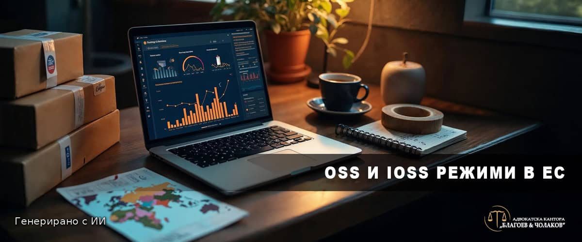 OSS и IOSS режим за трансгранична търговия в ЕС - онлайн shop с laptop, пакети и Europa карта