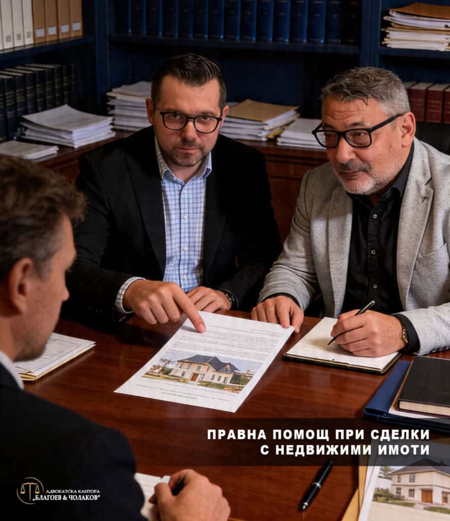 сделки с недвижими имоти — двама адвокати консултират клиент по имотна сделка в офис в София