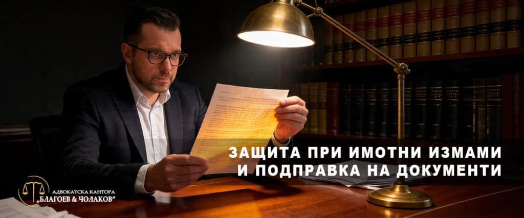 имотни измами — адвокат внимателно проверява подозрителен документ под настолна лампа в тъмен офис
