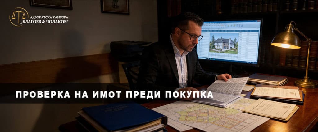 проверка на имот преди покупка — адвокат разглежда документи от имотен регистър и кадастрални карти на бюро