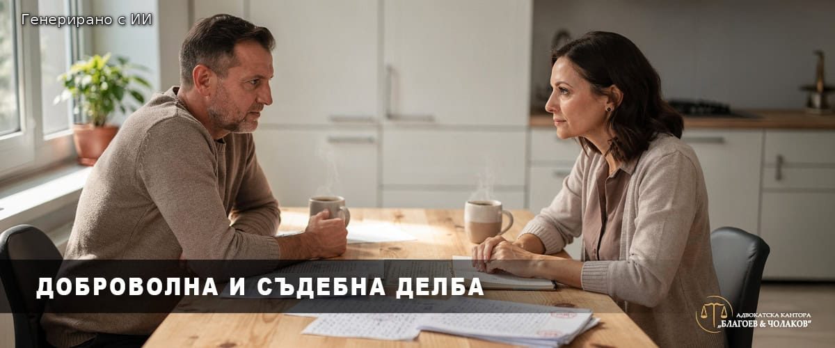 Доброволна и съдебна делба - двама съсобственици обсъждат разлика между договорна и принудителна процедура за прекратяване на съсобственост