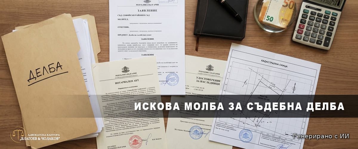 Искова молба за съдебна делба - заявление до Софийски районен съд, нотариален акт, удостоверение за наследници, кадастрална скица