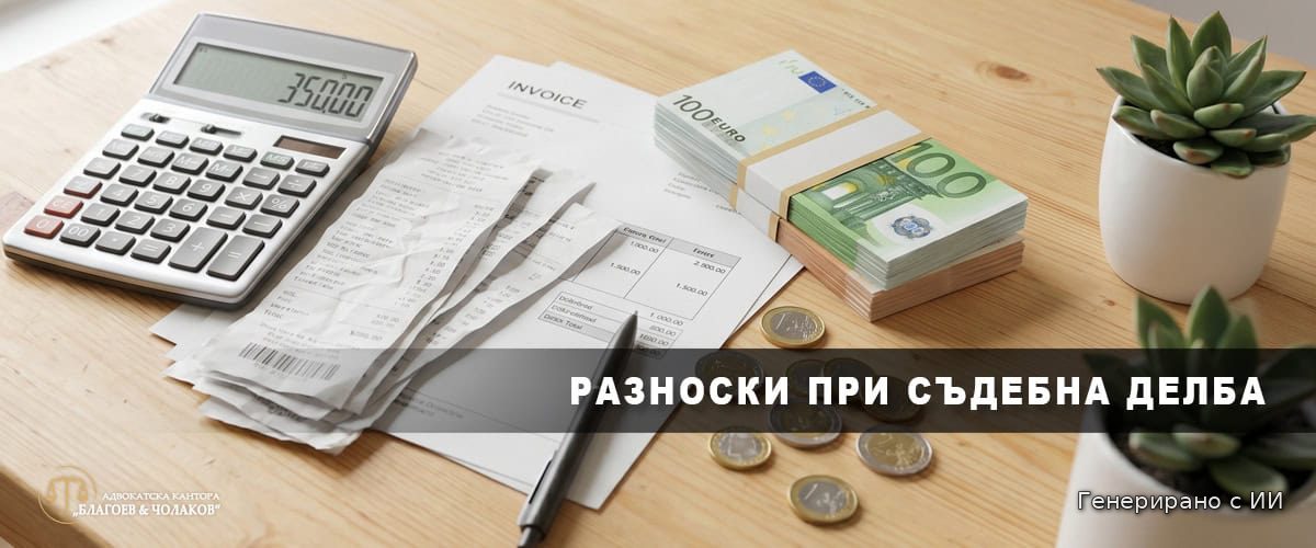 Разноски при съдебна делба - калкулатор показва държавна такса 4% върху стойността на дяловете, фактури, евро банкноти и монети